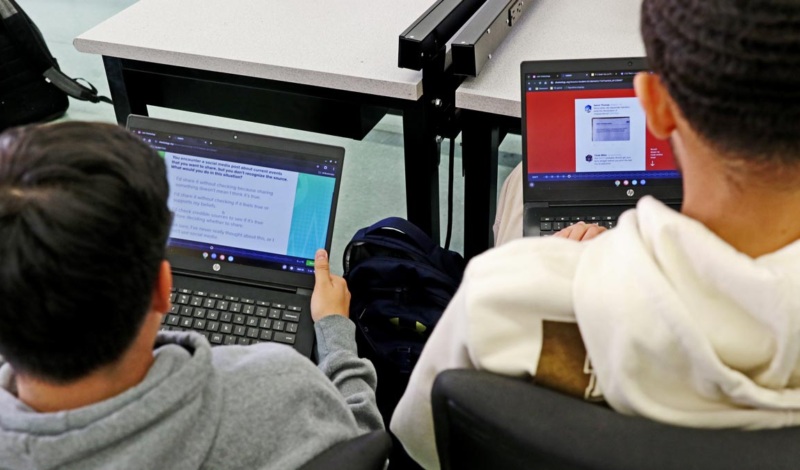 Science educator Kelly Melendez Loaiza uses NLP’s Checkology virtual classroom lessons to incorporate news literacy into the environmental engineering classes she teaches at Davies Career and Technical High School in Lincoln, R.I. (Photographer: Harold Hanka)