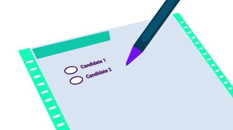 An illustration of pen hovering over a ballot with two ovals next to two options, Candidate 1 and Candidate 2.