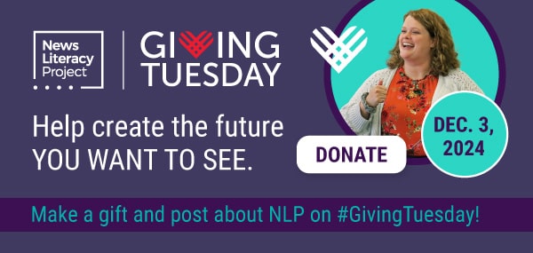 Banner links to NLP's donation page. Teacher and student looking down at laptop. Text overlay says 'Banner links to NLP's donation page. Teacher smiling. Text overlay says 'Giving Tuesday. Help create the future YOU WANT TO SEE. Make a gift and post about NLP this #GivingTuesday!''