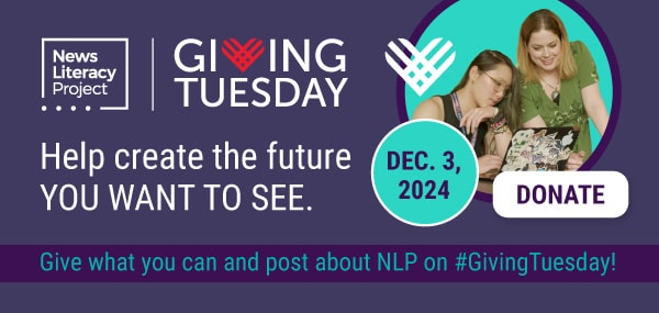 Banner links to NLP's donation page. Teacher and student looking down at laptop. Text overlay says 'Giving Tuesday. Help create the future YOU WANT TO SEE. Give what you can to NLP and post about NLP this #GivingTuesday!'