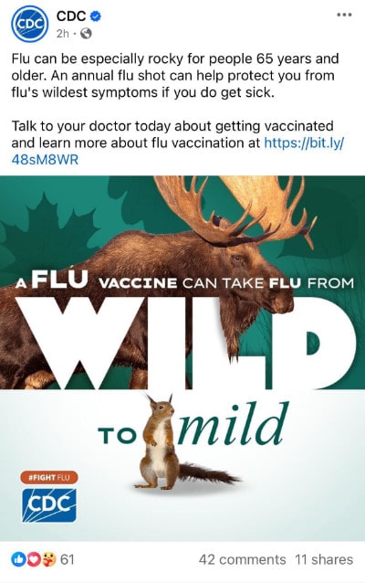 A screenshot of a Centers for Disease Control and Prevention says, “Flu can be especially rocky for people 65 years and older. An annual flu shot can help protect you from flu’s wildest symptoms if you do get sick. Talk to your doctor today about getting vaccinated and learn more about flu vaccination at https://bit.ly/48sM8WR.”