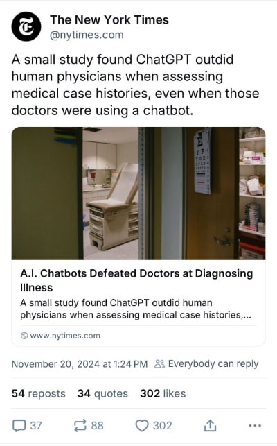 A screenshot of a Bluesky post from The New York Times’ account says, “A small study found ChatGPT outdid human physicians when assessing medical case histories, even when those doctors were using a chatbot.” The post includes a link to a piece on nytimes.com with the headline “A.I. Chatbots Defeated Doctors at Diagnosing Illness.”