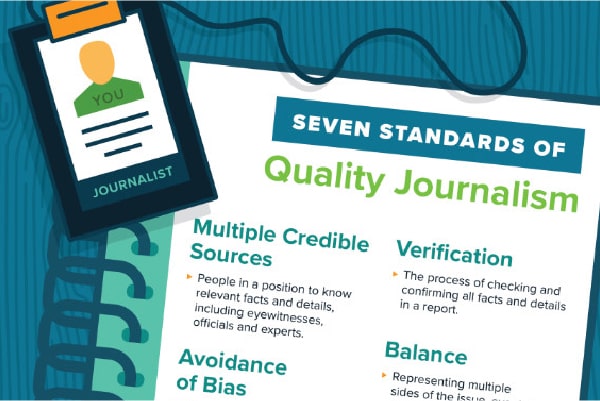 An illustration of a press pass in front of a notebook that says “Seven Standards of Quality Journalism” at the top of the page.