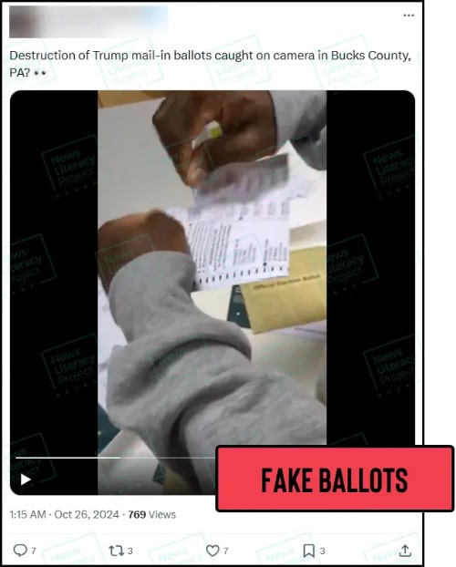 A social media post reads, “Destruction
of Trump mail-in ballots caught on camera in Bucks County, PA?” and includes a video that appears to show someone ripping up mail-in votes for former President Donald Trump. The News Literacy Project has added a label that says “FAKE BALLOTS.”