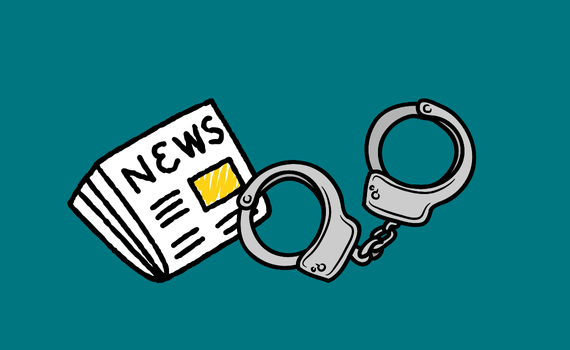 An illustration of a newspaper next to handcuffs.