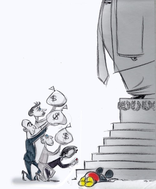 A drawing of Jeff Bezos, Mark Zuckerberg and Sam Altman holding bags of money in the direction of a statue— presumably of President-elect Donald Trump. Patrick Soon-Shiong and Mickey Mouse are also bowing before the statue.