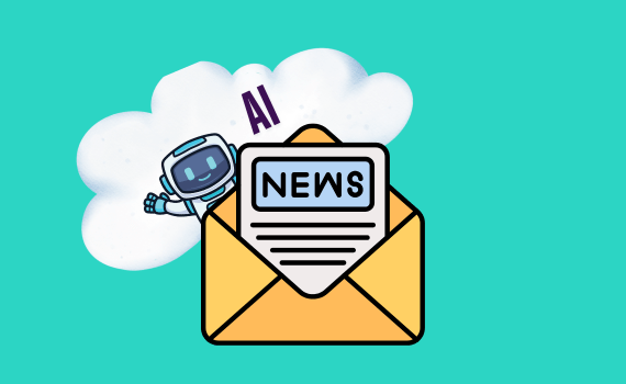 An illustration of an AI bot waving behind an open envelope with a page called news. The word AI is next to the bot, which has a white cloud behind it.