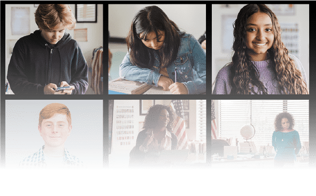 A collage of students and educators working in the classroom.