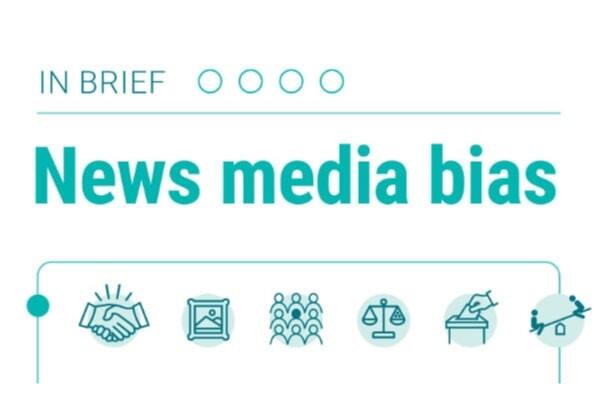 A thumbnail image of a News Literacy Project infographic called “In brief: News media bias” includes icons of a handshake, framed art, a group of nine people, a weighted scale, a ballot box and two people on a seesaw.