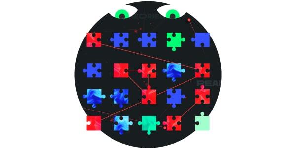 A thumbnail image of multicolored puzzle pieces in a black circle and fierce-looking green eyes staring at the pieces.