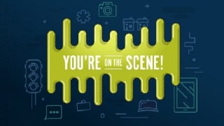 The words “You’re on the scene!” are placed over green slime with a dark background that has icons of images such as a street sign, a camera, an asterisk, houses and a quote bubble. 