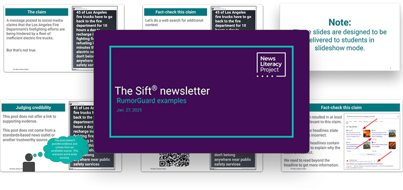 A collage of Google slides from The Sift newsletter of RumorGuard examples on Jan. 27, 2025. The slides include an example of a rumor, beginning with the claim, evidence, sources and key terms.