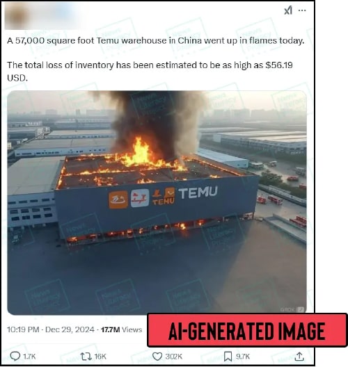 A post on X reads, “A 57,000 square foot Temu warehouse in China went up in flames today. The total loss of inventory has been estimated to be as high as $56.19 USD” and features an image that appears to show a fire at a warehouse. The News Literacy Project has added a label that says “AI-GENERATED IMAGE.”