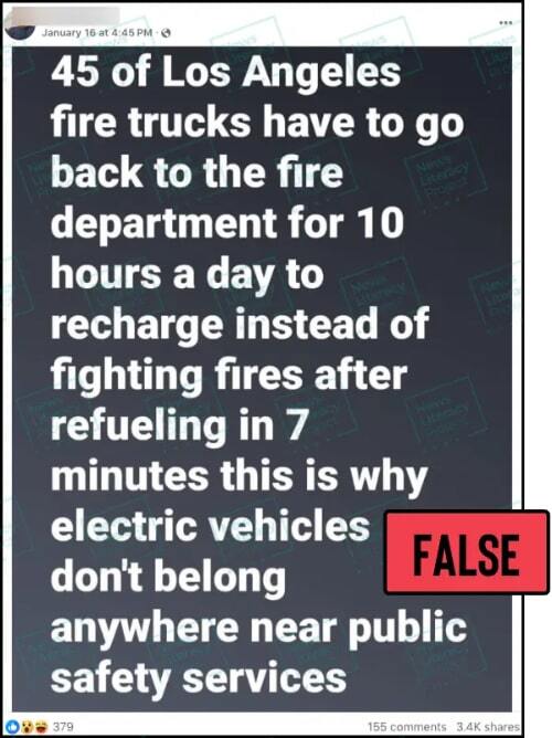 A Facebook post reads, “45 of Los Angeles fire trucks have to go back to the fire department for 10 hours a
day to recharge instead of fighting fires after refueling in 7 minutes this is why electric vehicles don’t belong anywhere near public safety services.” The News Literacy Project has added a label that says “FALSE.”