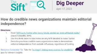 A screenshot of the News Literacy Project’s Dig Deeper think sheet about how credible news organizations maintain editorial independence.