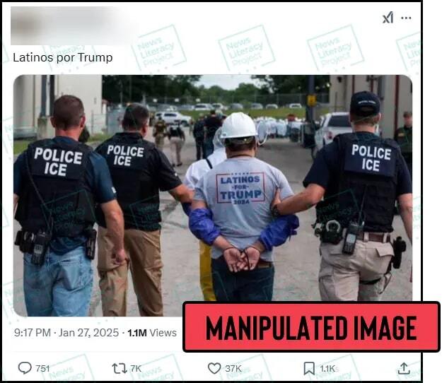 A social media post reads “Latinos for Trump” and features an image that appears to show a man in a “Latinos for Trump 2024” shirt being taken into custody by U.S. Immigration and Customs Enforcement officers. The News Literacy Project has added a label that says “MANIPULATED IMAGE.”