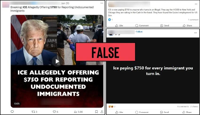 A social media post contains an image of President Donald Trump and reads, “Breaking: ICE allegedly offering $750 for Reporting Undocumented Immigrants.” Two other posts read, “ICE is now paying $750 to anyone who turns in an illegal” and “ICE paying $750 for every immigrant you turn in.” The News Literacy Project has added a label that says “FALSE.”