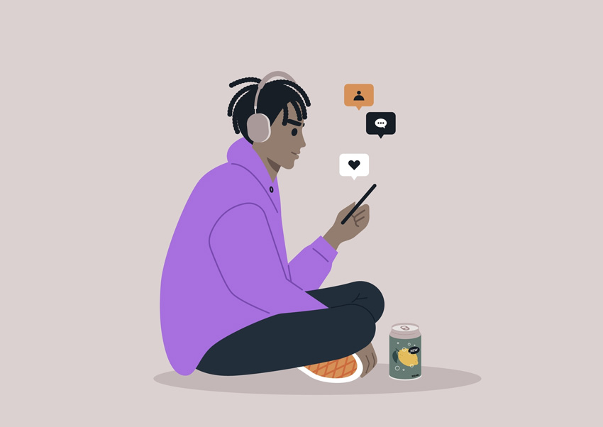 An illustration of a young person sitting on the ground next to a canned drink, scrolling through a device and wearing headphones.