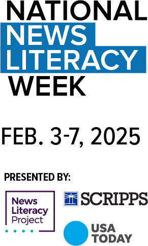 Shows the logos of National News Literacy Week and presenters the News Literacy Project, Scripps and USA Today.