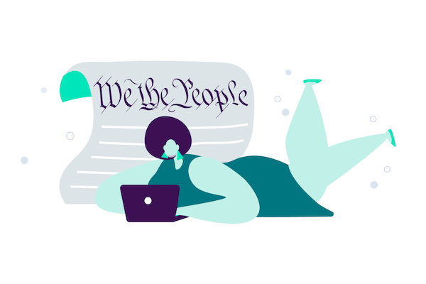 A thumbnail illustration shows a woman laying down with a laptop open and a paper document behind her that begins with “We the people.”