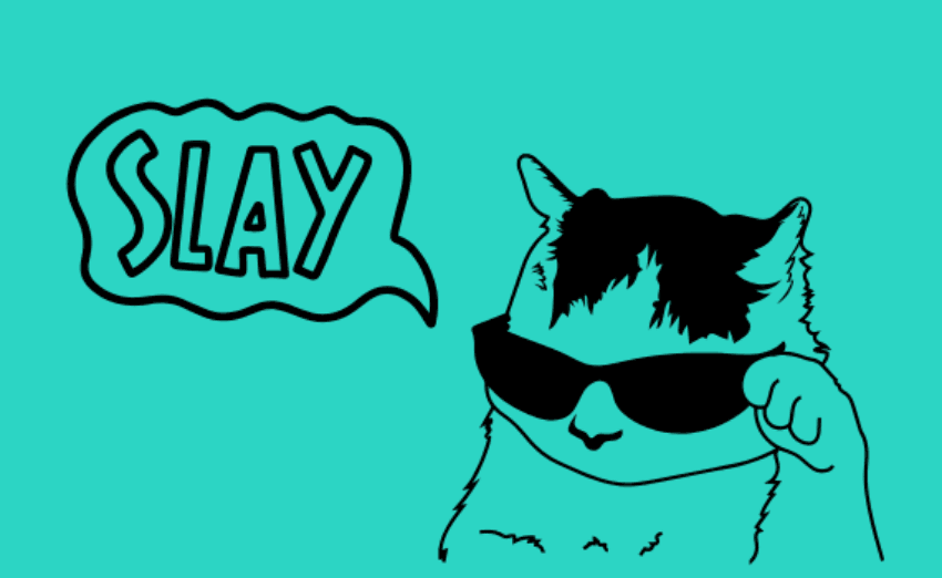 An illustration of a cat wearing sunglasses next to a speech bubble that says “slay.”
