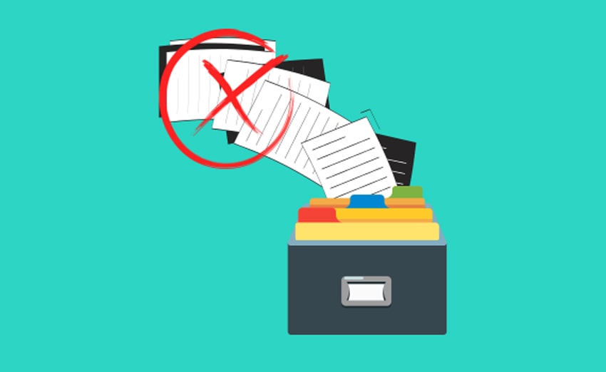 An illustration of lined papers flying out of a filing drawer.