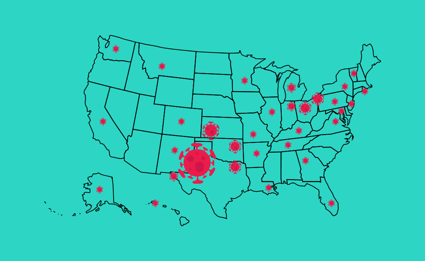 A map of the United States shows red viruses in dozens of states where measles cases have emerged, including a large cluster in west Texas.