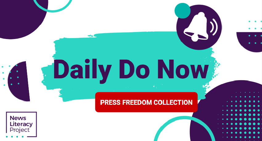A slide from the News Literacy Project’s Daily Do Now resource shows a bell ringing and a label that says, “press freedom collection.”