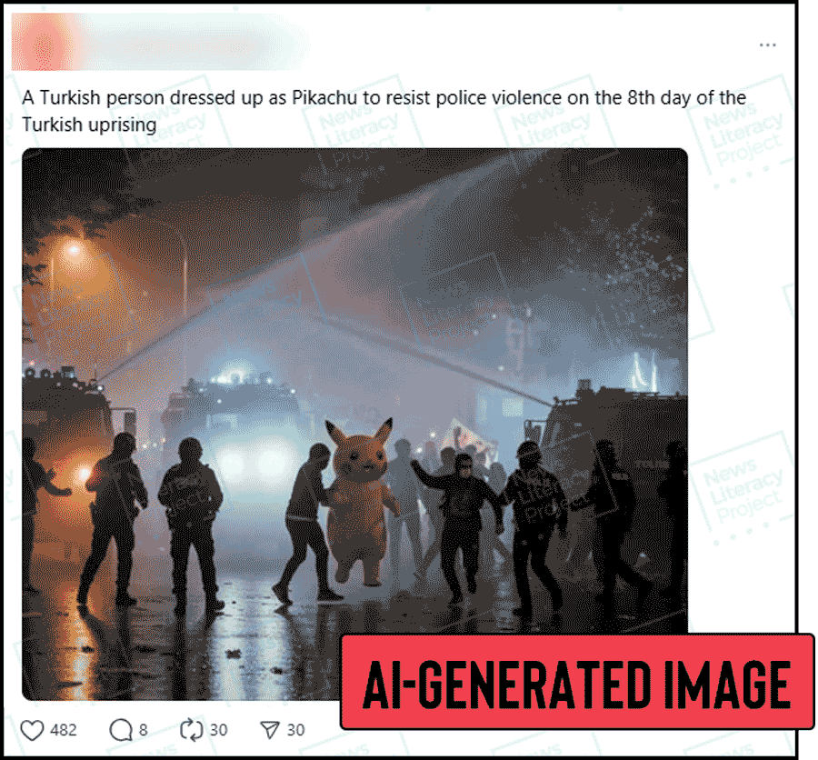A Thread post reads, “A Turkish person dressed up as Pikachu to resist police violence on the 8th day of the Turkish uprising.” The News Literacy Project has added a label that says “AI-GENERATED IMAGE.”