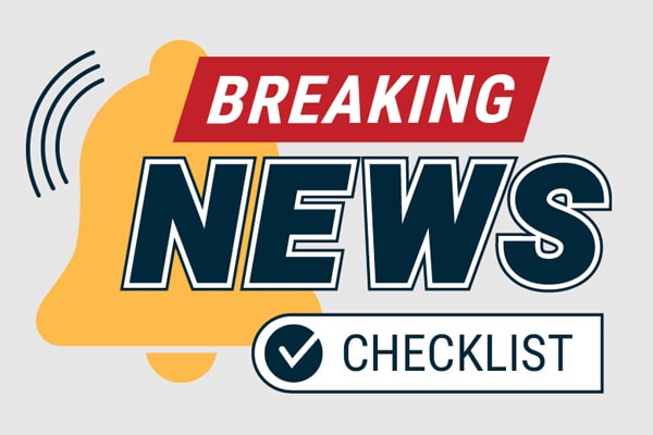 A ringing bell illustration behind the words “BREAKING NEWS CHECKLIST” and a checkmark next to the word checklist.