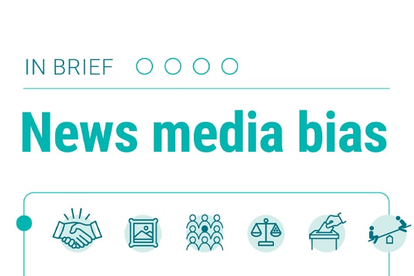 A thumbnail image of a News Literacy Project infographic called “In brief: News media bias” includes icons of a handshake, framed art, a group of nine people, a weighted scale, a ballot box and two people on a seesaw.
