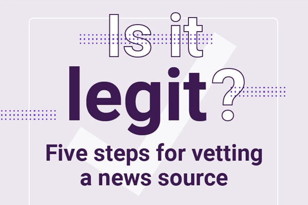 A thumbnail image shows the title of a News Literacy Project infographic called “Is it legit? Five steps for vetting a news source.””