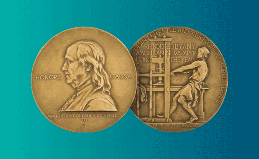 An image of the back and front of the Pulitzer Prize Gold Medal displays a bust of Benjamin Franklin and a man working a printing press.