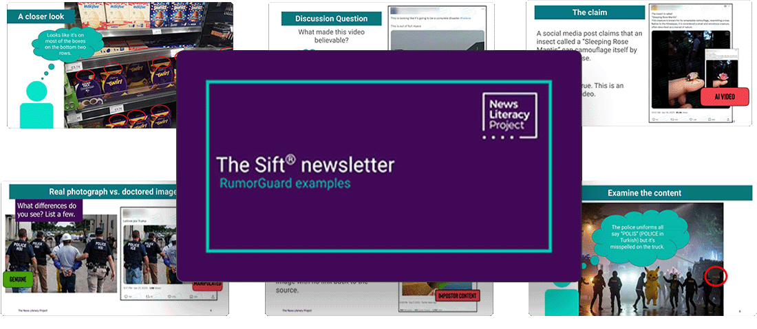 A collage of seven RumorGuard teaching slides from the News Literacy Project’s Sift newsletter on May 12, 2025. The slides include a breakdown of a false claim about NFL player Peyton Manning and guidance for examining a source.
