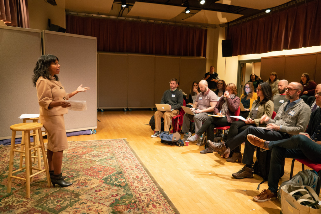 WBEZ reporter Natalie Moore leads an NLP professional development workshop.