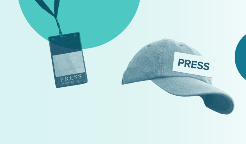 A light teal background with floating graphics of a journalist press badge and a baseball cap that says Press over it.
