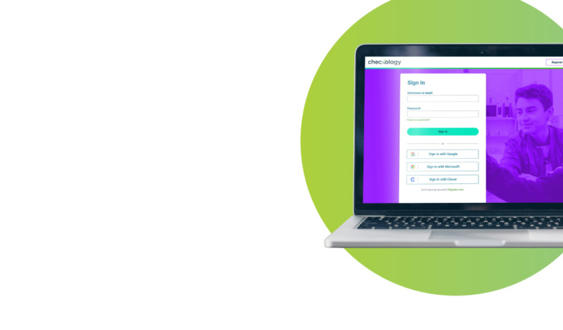 Laptop with Checkology's login screen displayed. A lime green circle is behind the laptop.