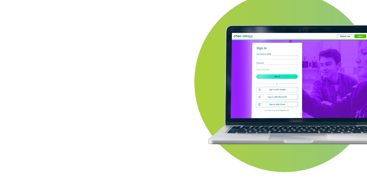 Laptop with Checkology's login screen displayed. A lime green circle is behind the laptop.