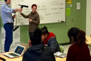 turner - The News Literacy Project For his report on NPR, journalist Cory Turner (left) records student interaction with Wakefield High teacher Patricia Hunt as she leads a lesson from the checkology™ virtual classroom.