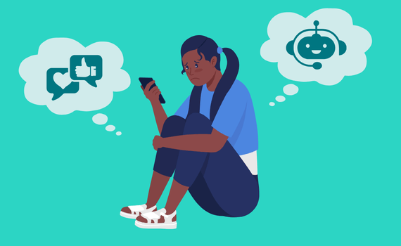A girl looks at a smartphone in her hand with a sad expression on her face. Thought bubbles show she’s thinking about social media and a chatbot.