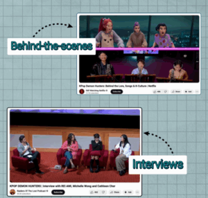 Screenshots show the actors of KPop Demon Hunters behind-the-scenes in the studio and in interviews.