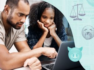 Family-takeaways_Featured-image - The News Literacy Project Father and daughter look at a laptop together. A light teal graphic of newsprint is overlaid on the right.