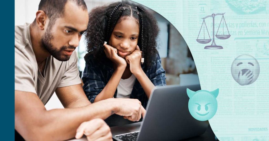 Father and daughter look at a laptop together. A light teal graphic of newsprint is overlaid on the right.