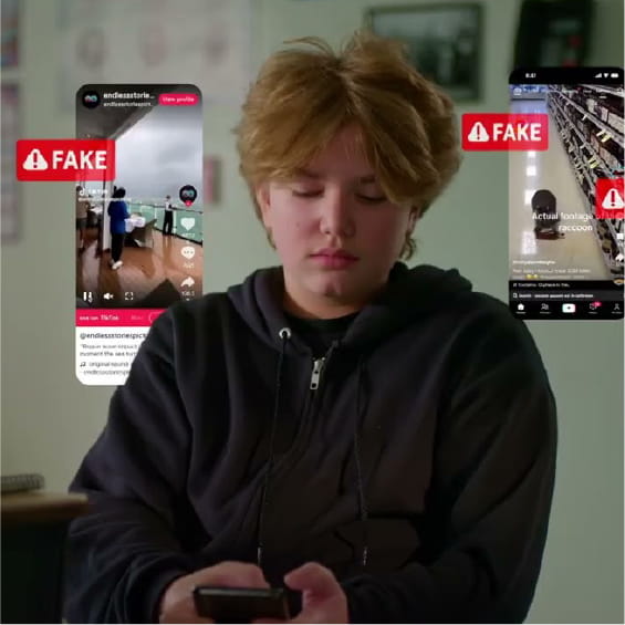 A student using their cellphone. There are social media posts on either side of them with the label fake.