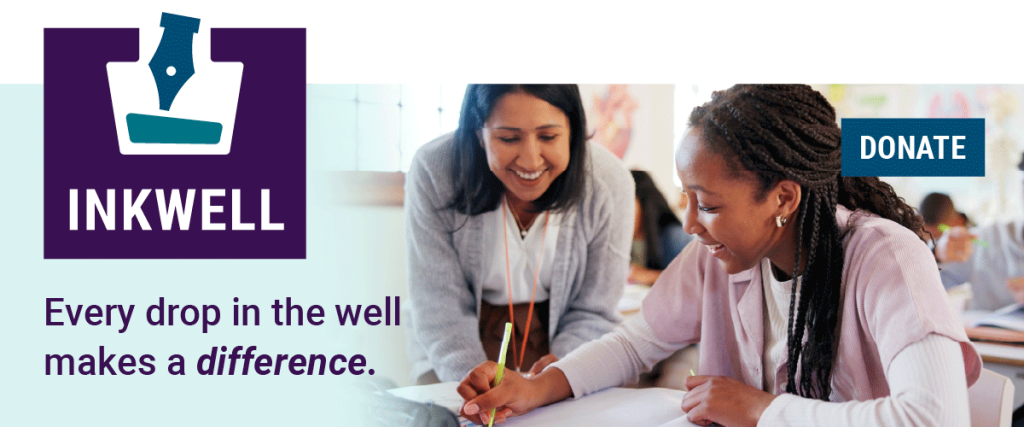 Image of an ink bottle logo with the text "INKWELL" and a classroom scene with a teacher and student. A "DONATE" button is visible.