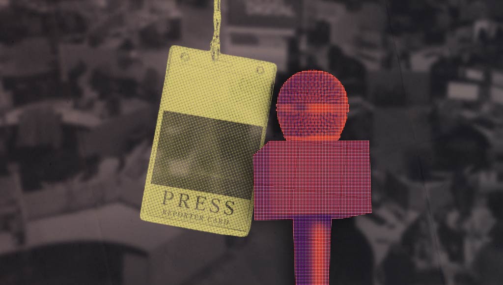 Yellow press badge with 'PRESS' label hangs beside a pink microphone on a blurred city background.