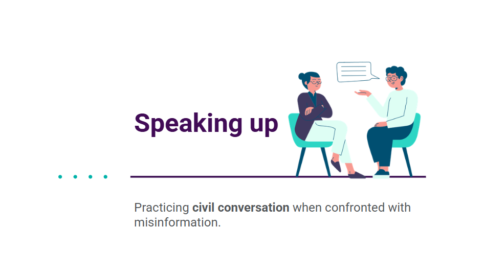 People in a counseling-like setting discuss civil conversation about misinformation, under a 'Speaking up' heading with a speech bubble motif.
