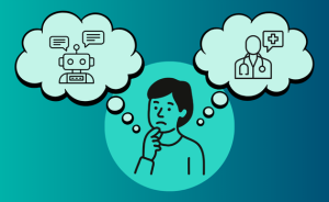 Person in teal circle thinking with two thought bubbles: one shows a robot with chat icons, the other shows a doctor symbol with a medical cross, suggesting choices between AI chat and medical advice.