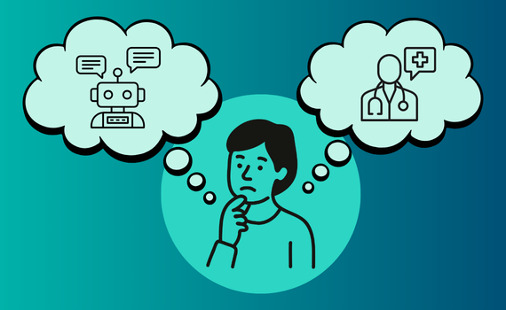 Person in teal circle thinking with two thought bubbles: one shows a robot with chat icons, the other shows a doctor symbol with a medical cross, suggesting choices between AI chat and medical advice.