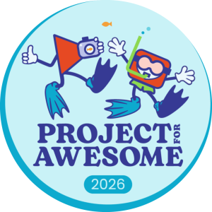 Project for Awesome 2026 logo. Includes graphics of 2 characters that resemble online video icons wearing snorkeling gear.